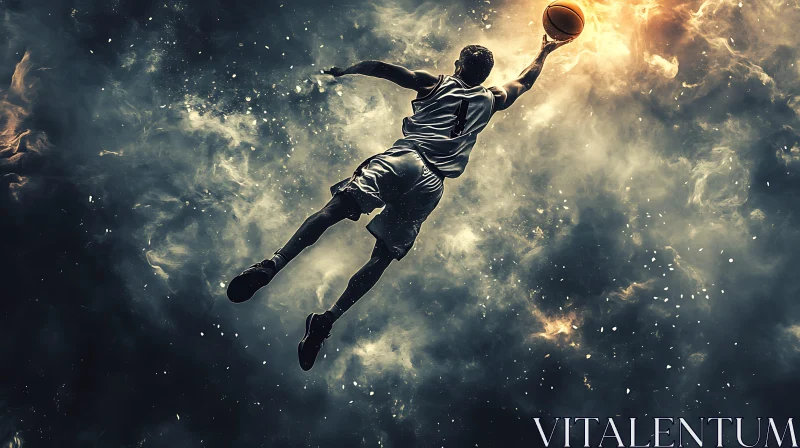 Athlete's Leap: Basketball in Cloudy Sky AI Image