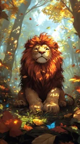 Regal Lion Among Falling Leaves