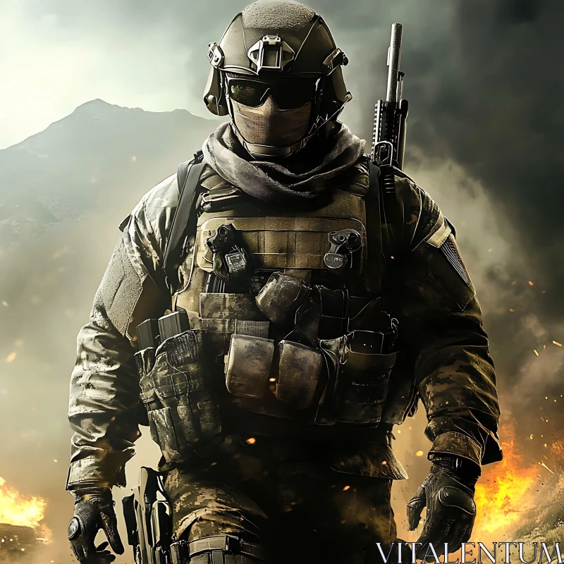 AI ART Military Soldier with Weapon in Smoky Setting