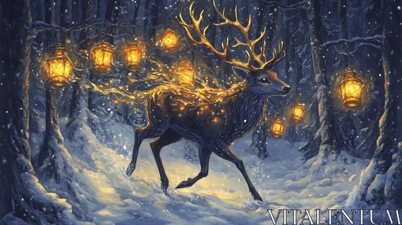 AI ART Deer in Snowy Forest with Lanterns