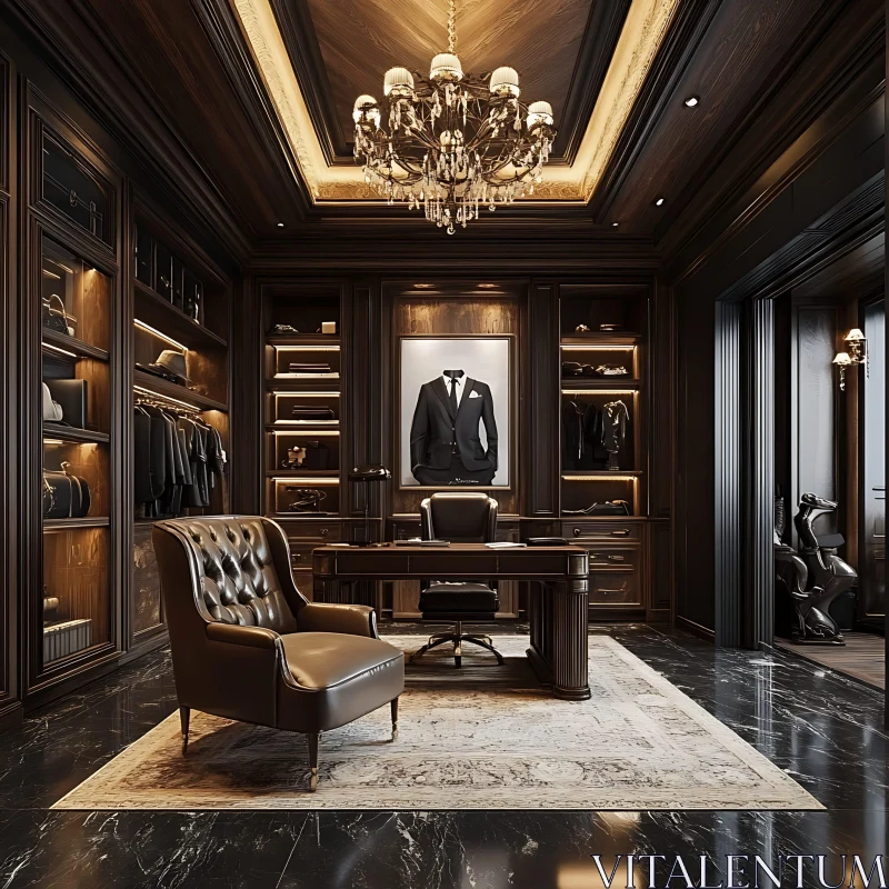 Elegant Dark Wood Office with Plush Leather Chair AI Image