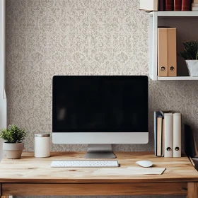 Contemporary Home Workspace with Computer and Organized Shelves