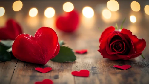 Red Rose and Hearts on Wood