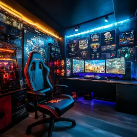 High-End Gaming Room with Multiple Monitors and Gaming Chair