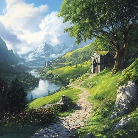 Green Hills and Stone Path Art