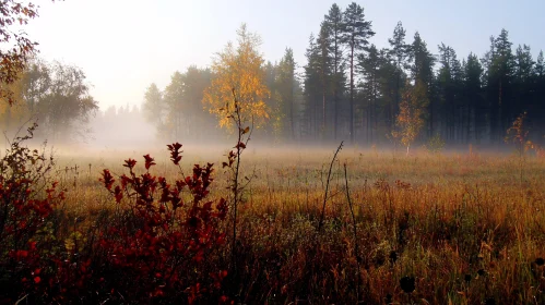 Foggy Morning in an Autumn Meadow