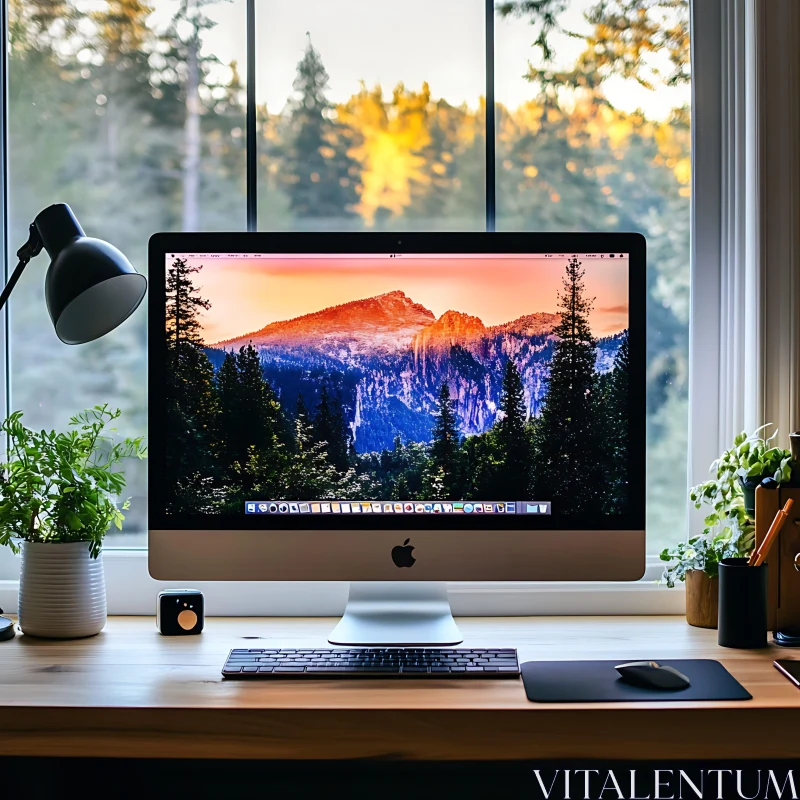 Workspace Featuring iMac and Sunset Forest View AI Image