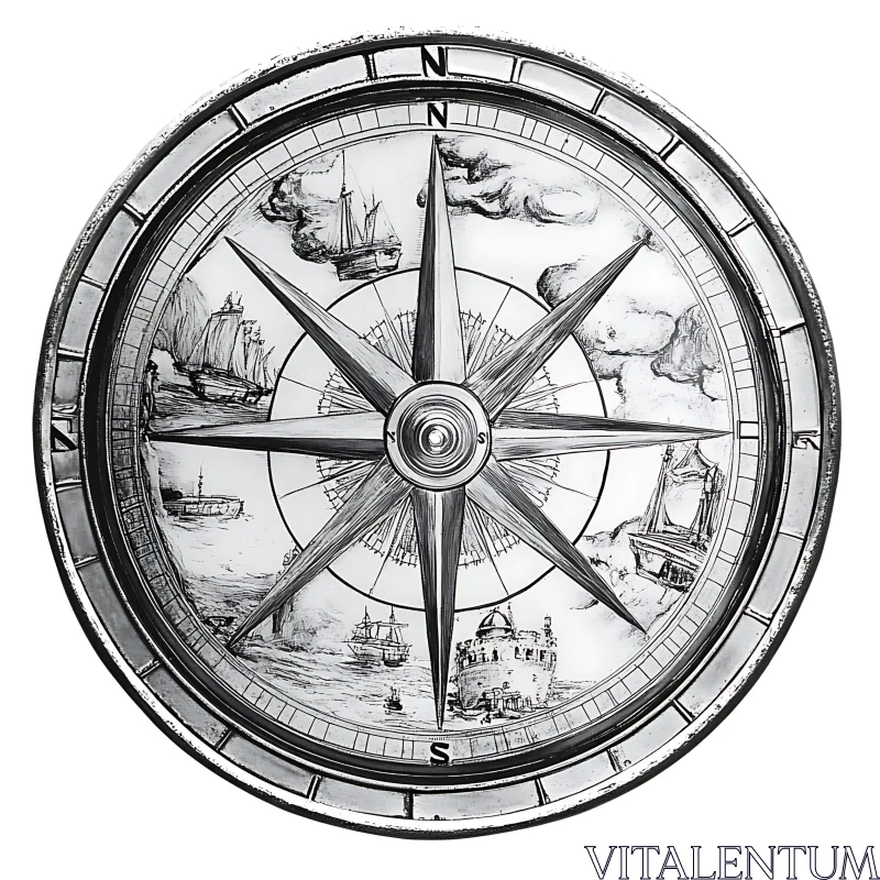 AI ART Vintage Compass Rose with Nautical Motifs