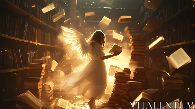 AI ART Winged Figure Reading in Book Filled Library