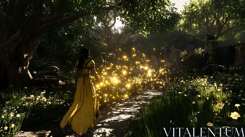 AI ART Sunlit Forest Path with Woman in Yellow Dress