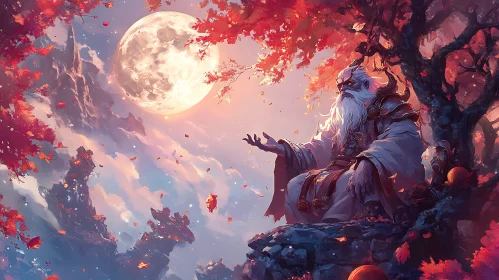 Magical Wizard Contemplates Under Moonlight