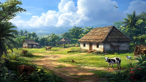 Rural Village Landscape with Animals and Nature