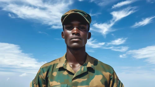 Camouflage Portrait Under Blue Sky