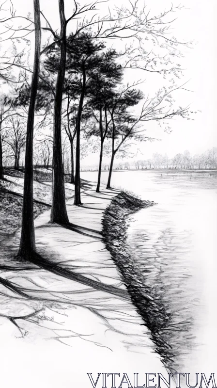 Pencil Drawing of Trees Along a Riverbank AI Image