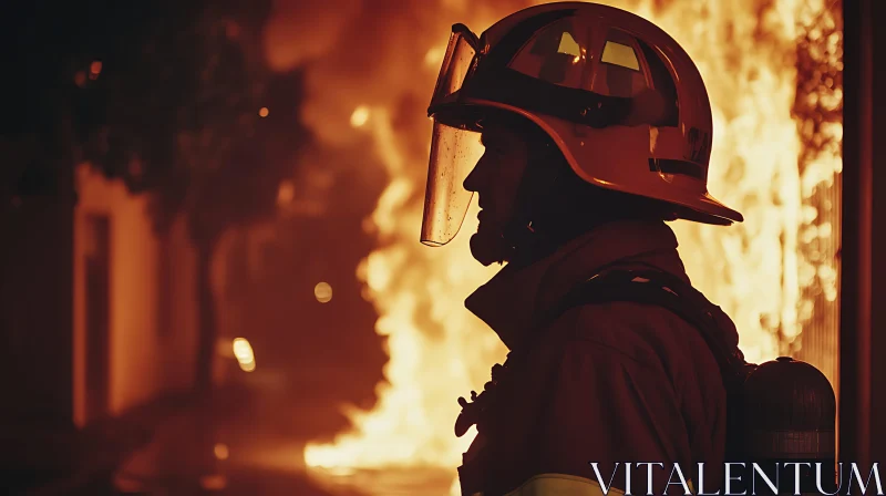 Silhouetted Firefighter in Front of a Blaze AI Image