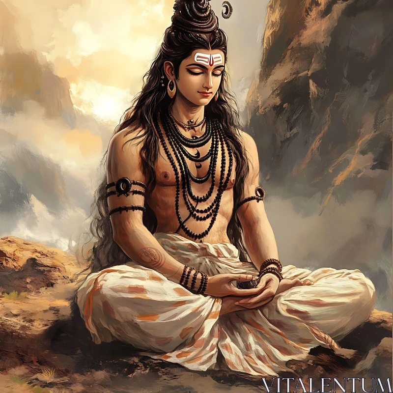 Meditative Deity in Tranquil Mountain Setting AI Image