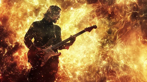 Rock Guitarist in Fiery Backdrop