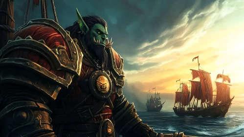 Fantasy Orc on Ship at Sunset