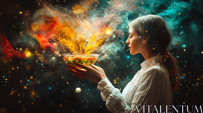 AI ART Woman Holding Cosmic Bowl Art