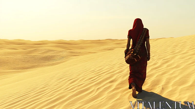 Woman in Red Dress Walking Desert AI Image