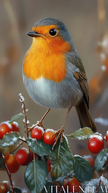 Winter Robin and Berries AI Image