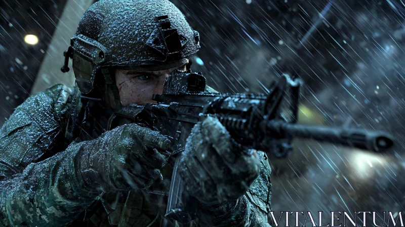 AI ART Rainy Combat Scene with Soldier