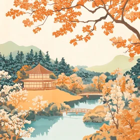 Peaceful Autumn Scene with Temple and Nature
