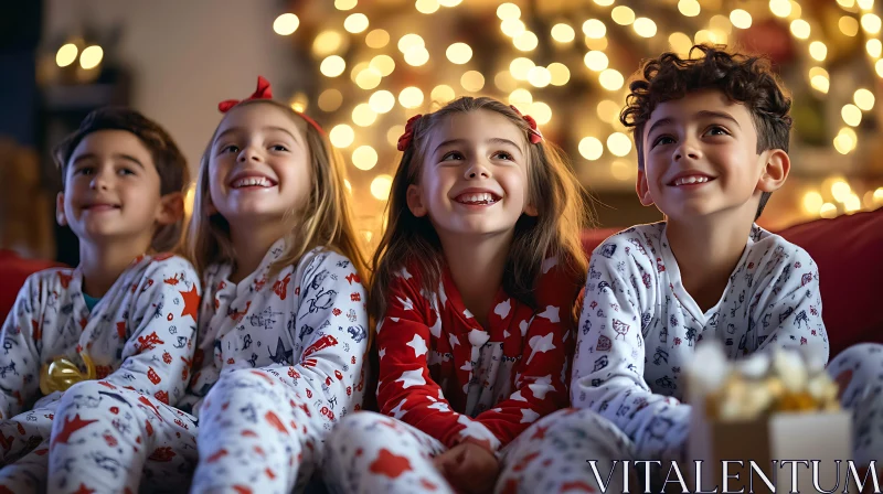 Kids in Pajamas Enjoying Christmas Lights AI Image