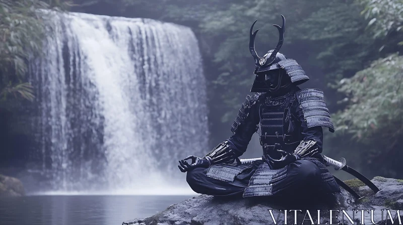 AI ART Meditative Warrior by Waterfall