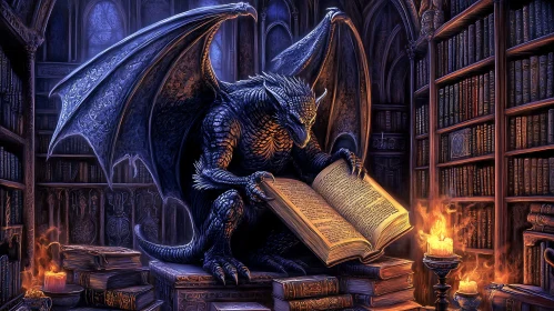 Scholarly Dragon in Dimly Lit Library