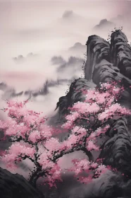 Pink Blossoms and Misty Mountains