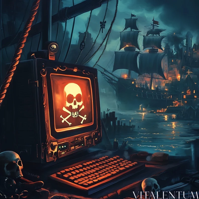 Haunting Pirate Scene with Computer and Skull AI Image