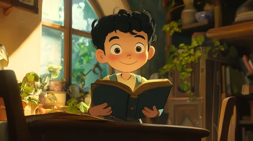 Cartoon Boy Reading Book Illustration