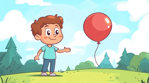 Cartoon Boy and Red Balloon Art