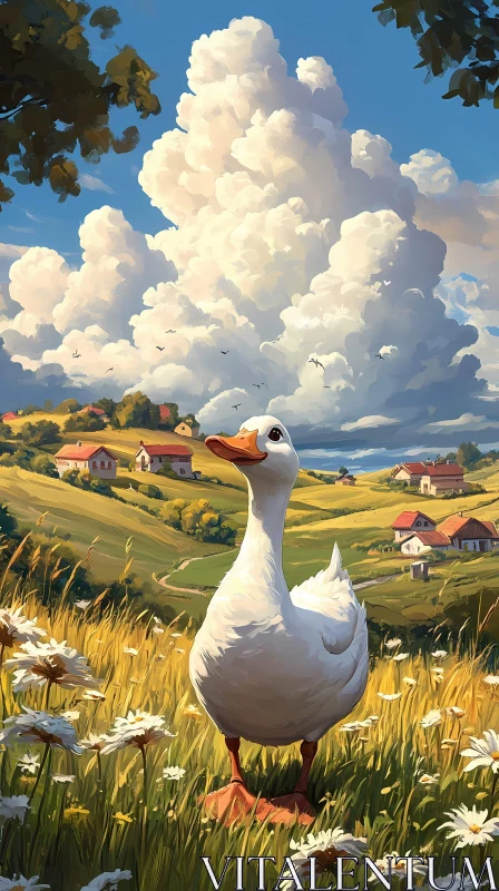 Tranquil Landscape with White Goose AI Image