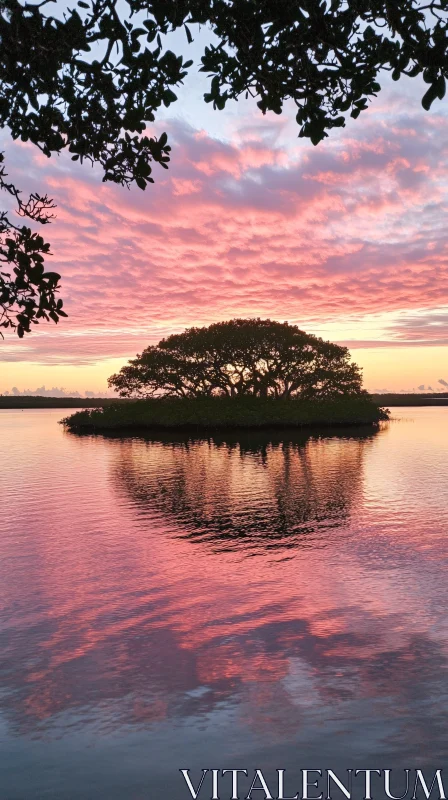 AI ART Island Tree at Dusk with Reflective Water