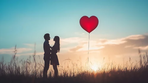 Silhouette Couple Sunset Heart Balloon