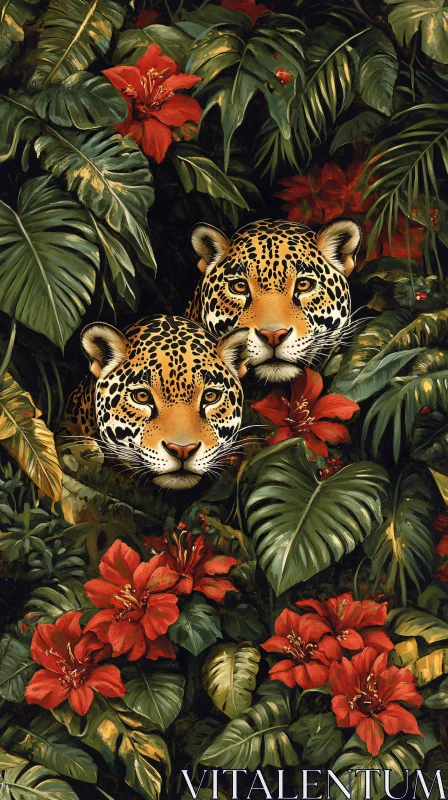 Jungle Leopards Among Vibrant Flora AI Image