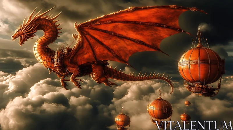 AI ART Mechanical Dragon and Airships in the Sky