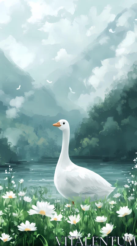 Goose in Daisies Nature Scene AI Image