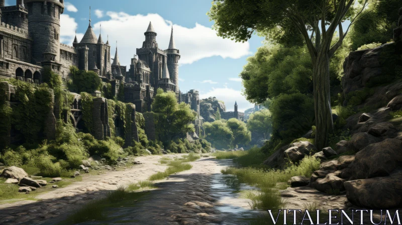 Enchanting Fairytale Castle Amidst Forest - Dreamlike Landscape Rendering AI Image