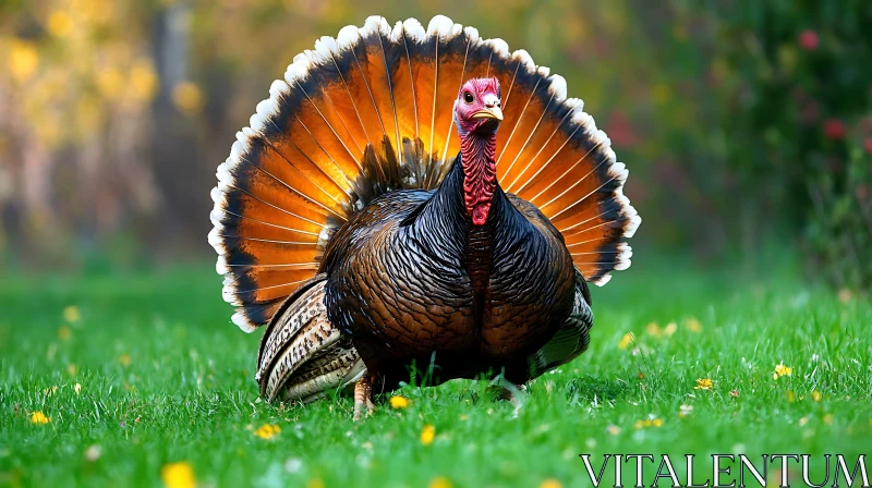 Wild Turkey Portrait on Green Grass AI Image