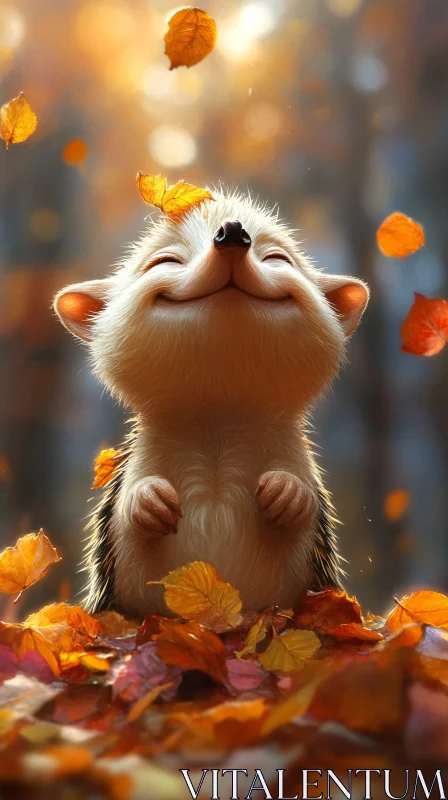 Smiling Hedgehog Enjoying Fall AI Image