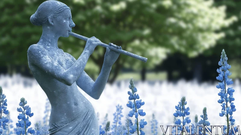 Graceful Statue of a Woman Playing the Flute in a Field of Blue Flowers AI Image