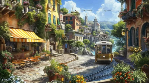 Italian Cityscape Painting with Tram and Flowers