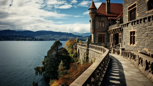 Luxurious Castle Overlooking Lake Near Mountain in Art Nouveau Style