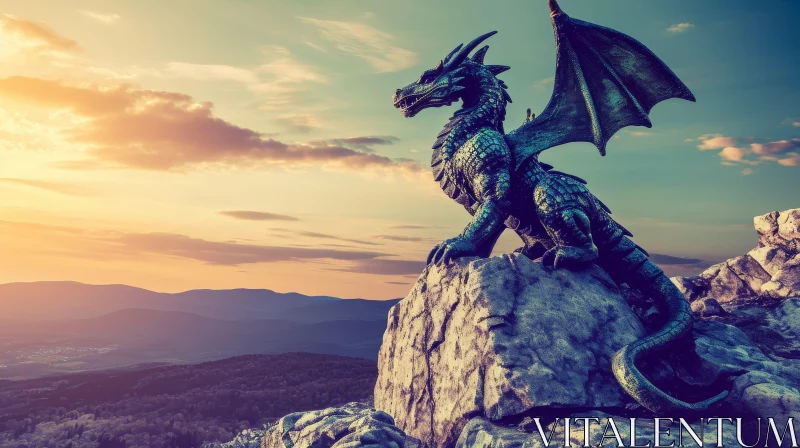 Majestic Green Dragon in a Serene Sunset - Digital Painting AI Image