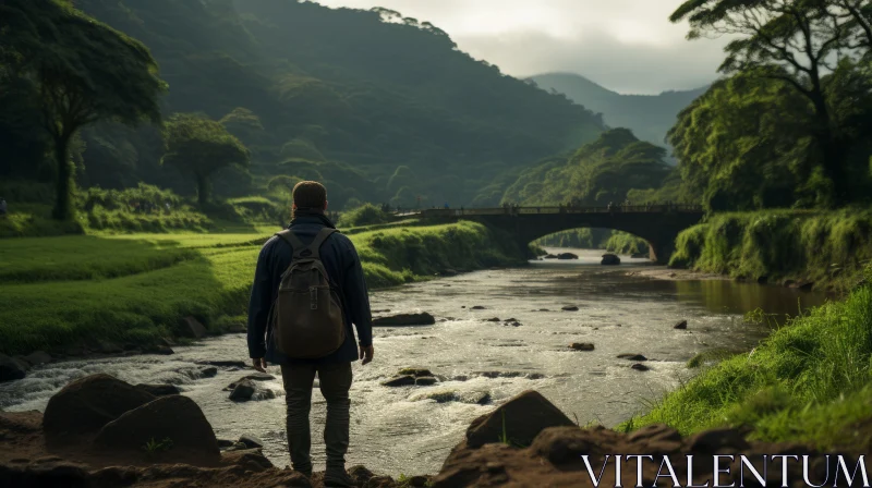 Man Standing near Deep Valley by the River AI Image