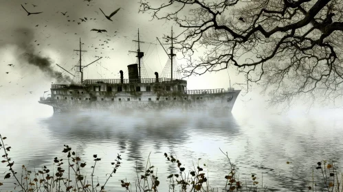 Mysterious Digital Painting of a Ghost Ship in a Misty Bay