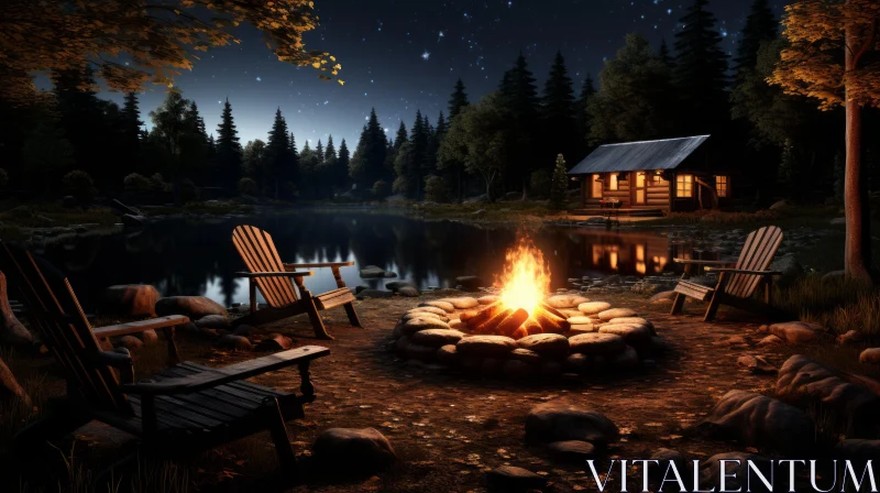 Romantic Riverside Cabin Under Moonlit Night AI Image